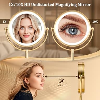 VESAUR 8.5'' Large Gold Lighted Makeup Mirror, 1X/10X Clear Seamless Magnifying Mirror, Bright Vanity Mirror with 3 Colors Dimmable Lights, Two-Sided 360°Rotation Stable Base, Luxury Nickel, Gift Box - Image 4