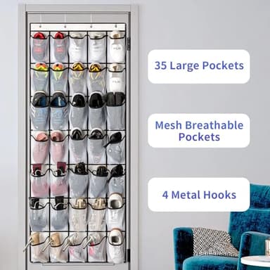 SAVERHO 35 Pockets Over the Door Shoe Organizer, Hanging Shoe Organizer for Door with 35 Mesh Pockets Large Capacity Shoe Hanging Storage Bag with 4 Metal Hooks (White-1Pack) - Image 5
