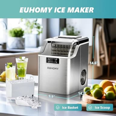 EUHOMY Ice Cube Maker Machine Countertop, 2 Ways to Add Water, 45Lbs/Day 24 Pcs Ready in 13 Mins, Self-Cleaning Portable Compact, with Ice Scoop & Basket, Perfect for Home/Kitchen/Office/Bar - Image 7