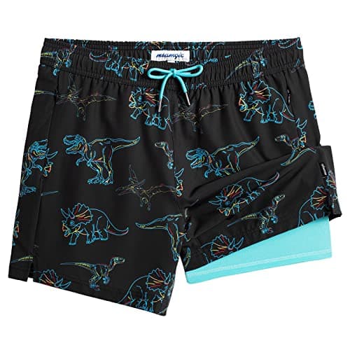 maamgic Mens Swim Trunks with Compression Liner 5" Stretch Athletic Swimming Shorts Quick Dry with Zipper Pockets No-Chafing Board Shorts Black-Colorful Dinosaur S - Image 1