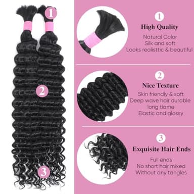 Human Braiding Hair for Boho Braids 24 Inch 2 Bundles 100g Deep Wave Bulk Human Boho Hair for Braiding 12A Virgin Curly Human Hair for Boho Knotless Braids Human Hair Bundles (Natural Color, 24 Inch) - Image 3