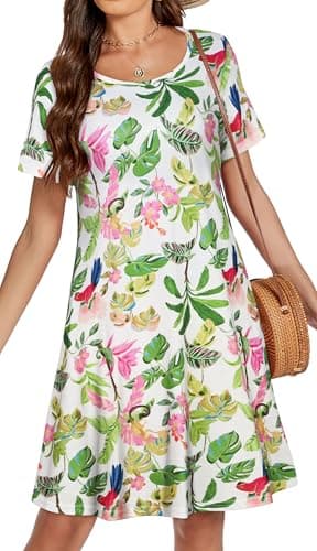 Summer Dresses for Women Pockets Short Sleeve Cotton Sundress Flowy Beach Plus Size Tunic Dress(Pink Green Leaves, L) - Image 4