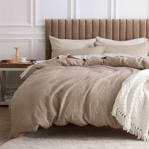 Bedsure Cotton Duvet Cover Queen - 100% Cotton Waffle Weave Khaki Duvet Cover Queen Size, GentleSoft™ and Breathable Tan Bedding Set for All Season, 3 Pieces, 90"x90" - Image 1
