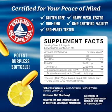 Triple Strength Omega 3 Fish Oil | 3600 mg EPA & DHA | Over 2100mg of Omega 3 Fatty Acids | 1300mg EPA + 860mg DHA | Best Essential Fatty Acids | Premium Burpless Softgel Supplements (120 Ct) - Image 6
