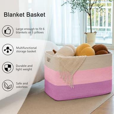 OIAHOMY 108L Super Large Blanket Basket, 25”x16”x16” Rectangle Woven Baskets for Storage, Cotton Rope Basket For Living Room, Toy Storage with Handle - Gradient Pink - Image 6