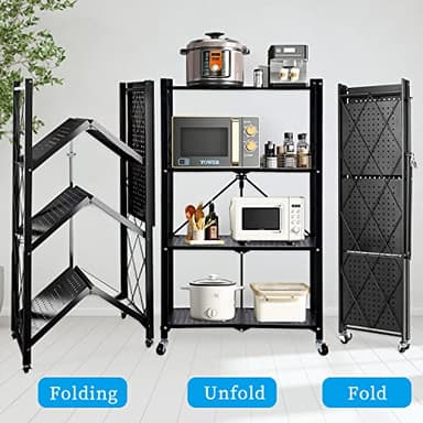 Txxplv 4-Tier Folding Shelf Storage Shelves Heavy Duty Foldable Metal Shelving Units Racks with Wheels No Assembly Required Great for Kitchen and Garage Shelf - Image 4