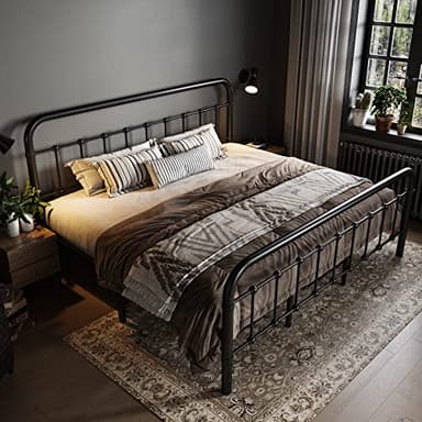 Allewie King Size Metal Platform Bed Frame with Victorian Style Wrought Iron-Art Headboard/Footboard, No Box Spring Required, Black - Image 3