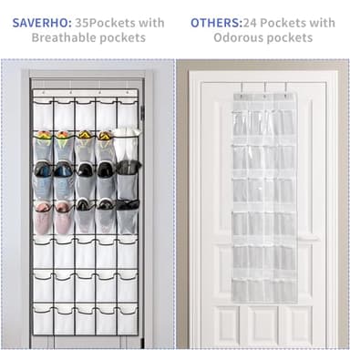SAVERHO 35 Pockets Over the Door Shoe Organizer, Hanging Shoe Organizer for Door with 35 Mesh Pockets Large Capacity Shoe Hanging Storage Bag with 4 Metal Hooks (White-1Pack) - Image 6