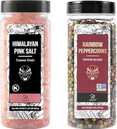 Soeos Himalayan Pink Salt and Rainbow Peppercorn Grinder Refills, 18oz Salt & 8oz Peppercorns, Kosher Seasoning Set for Cooking