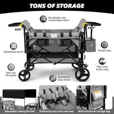 VOOI Stroller Wagon 4 Seater, Wagon for Kids, Collapsible W4 Stroller with Seats with 5-Point Harnesses, Easy Access Zipper Door, and Removable Sun Canopy (Grey, W4-Large) - Image 3