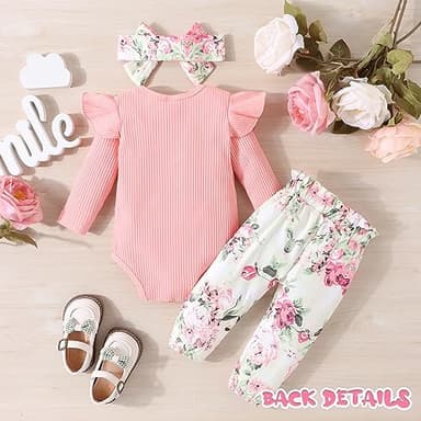 GDTOGRT Baby Girl Clothes Newborn Outfit Infant Ruffle Sleeve Romper and Floral Pants with Cute Headband Sets Baby Clothes for Girls 0-3 Months - Pink - Image 3