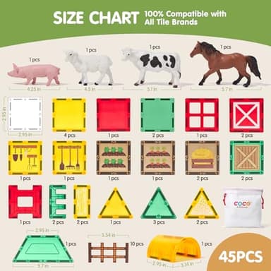 COCO&Friends Magnetic Tiles Farm Animals for Toddlers Kids Ages 3-8 - 45 PCS Magnetic Blocks with Fence Building Toys for 3 Year Old Girl Boy Birthday Gift - Montessori Educational Magnet Toys - Image 9