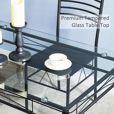 VECELO Kitchen Dining Table and Chairs Set for 4, PU Padded Seat & Glasses Tabletop, Space Saving, Matte Black - Image 6