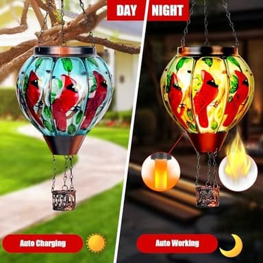 2 Pack Cardinal Solar Hot Air Balloon Lantern with Flame, Outdoor Christmas Decorations Flickering Solar Lights, Glass Hanging Solar Lantern Waterproof, Gardening Gifts for Outdoor Garden Patio Decor - Image 5