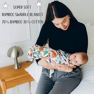 Muslin Swaddle Blankets for Newborn Baby, Buttery Soft and Breathable Receiving Blanket Bamboo Rayon and Cotton Blend, Large Size 47 x 47 Inch, 2 Pack of Green and Jungle Animals - Image 4