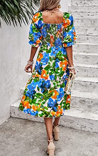 PRETTYGARDEN Women's Summer Casual Midi Dress 2025 Spring Puff Sleeve Square Neck A-line Flowy Boho Floral Smocked Dresses - Image 2