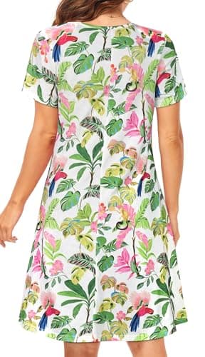Summer Dresses for Women Pockets Short Sleeve Cotton Sundress Flowy Beach Plus Size Tunic Dress(Pink Green Leaves, L) - Image 6