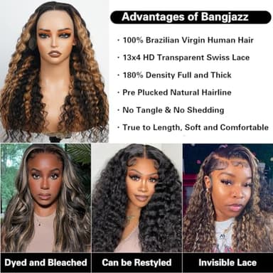 bangjazz 26 Inch Deep Wave Lace Front Wigs Human Hair Fb/27 180% Density 13x4 HD Lace Frontal Wigs Human Hair Pre Plucked Ombre Lace Front Wig Balayage Highlight Glueless Wigs for Women - Image 3