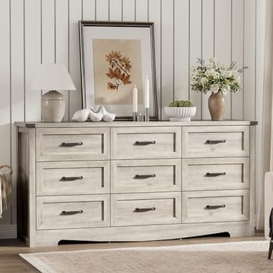 Dresser for Bedroom with 9 Drawers, 59" Wide Wood Chest of Drawers with Deep Drawers & Mental Handle, Modern Dresser TV Stand, Wooden Closet Storage Organizer for Living Room, Hallway, Entryway, Grey - Image 3