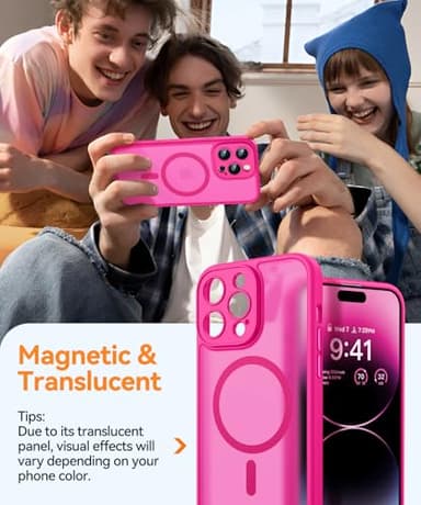 CANSHN Magnetic Compatible with iPhone 14 Pro Max Case, Upgraded [Full Camera Protection] [Compatible with Magsafe] [Translucent Matte] Shockproof Protective Phone Case Cover 6.7 Inch - Hot Pink - Image 3