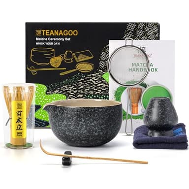 TEANAGOO Matcha Whisk Set Black,7 Pcs Matcha Set,Matcha Kit for Ceremony,Tradition Tea Set for Making Breakfast/Latte,Matcha Whisk Set with Bowl(Chawan)/Whisk and Holder,Gift for Family/Friend - Image 1