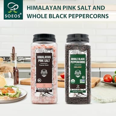 Soeos Himalayan Pink Salt Coarse 39 oz + Organic Black Peppercorns 18 oz, Salt for Grinder Refill, Salt and Peppercorns, Pepper Grinder Refill, Non-GMO Spice Seasoning Set For Cooking - Image 3