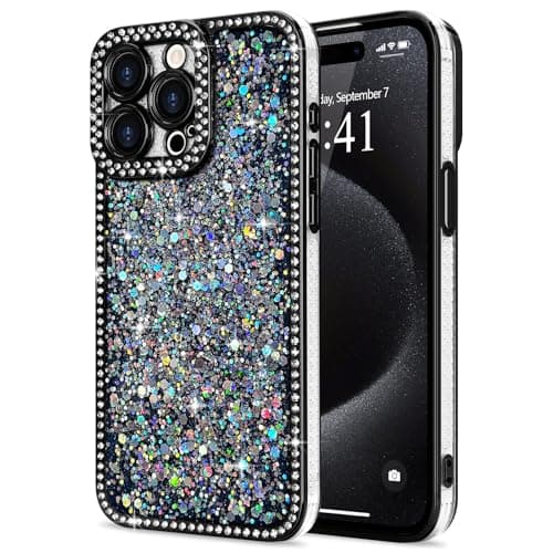 Lafunda for iPhone 15 Pro Max Case Glitter, Luxury Shiny Bling Sparkly Bumper Cover with Crystal Diamonds for Women Girls Soft Slim Shockproof Protective Phone Case for iPhone 15 Pro Max 6.7", Black - Image 1