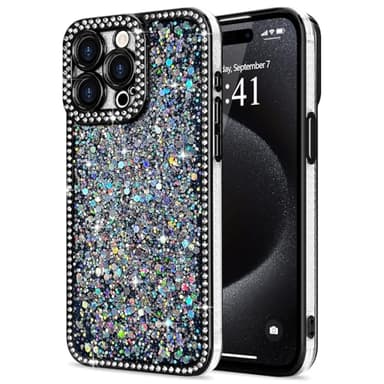 Lafunda for iPhone 15 Pro Max Case Glitter, Luxury Shiny Bling Sparkly Bumper Cover with Crystal Diamonds for Women Girls Soft Slim Shockproof Protective Phone Case for iPhone 15 Pro Max 6.7", Black - Image 1