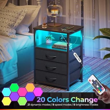 Seventable Nightstand with Charging Station and LED Light, Side Table with 3 Fabric Drawers, Bedside End Table with USB Ports and Outlets, Night Stand for Bedroom, Black - Image 5