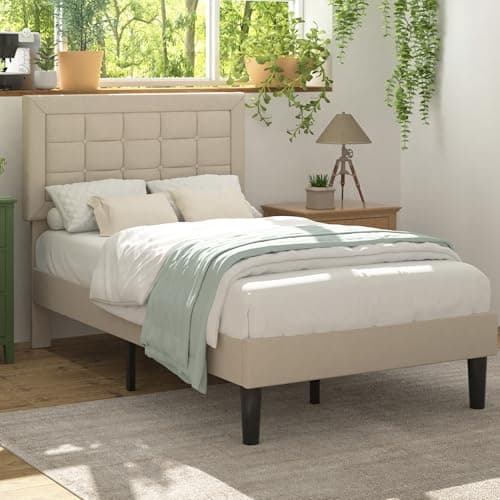 VECELO Twin Size Bed Frame with Adjustable Headboard, Upholstered Button Tufted Platform Bedframe with Wood Slats Support, No Box Spring Needed, Beige - Image 1