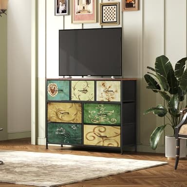 WLIVE 7 Drawer Dresser TV Stand, Entertainment Center, Media Console Table with Metal Frame and Wood Top for TV up to 45 inch, Chest of Drawers for Bedroom, Living Room, Floral Painted - Image 2