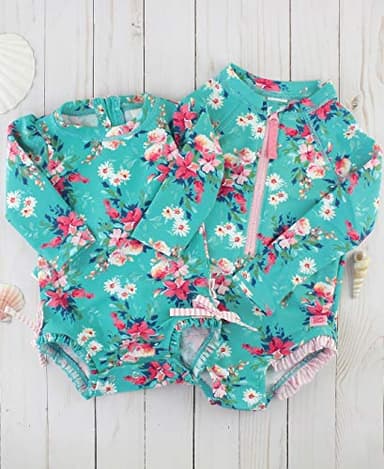 RuffleButts Baby Girls UPF 50+ Sun Protection Floral Printed Long Sleeve One Piece Rash Guard Swimsuit with Zipper - Fancy Me Floral, 3T - Image 3