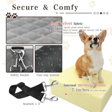 Dog Booster Car Seat for Small/Medium Dogs up to 35 lbs,Interior 7 Inches Elevated Pet Booster Seat,Ultra Soft Fabric and Memory Foam Car Dog Bed,Safety,Comfy,Fully Detachable Washable(H-Black/Grey) - Image 4