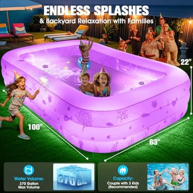 Inflatable Pool with Seat and Pool Lights, Durable Thickened Large Size Family Inflatable Pools for Adults Blow Up Pools,100" x 63" x 22"Swimming Inflatable Kids PooI for Backyard,Outdoor (White) - Image 3