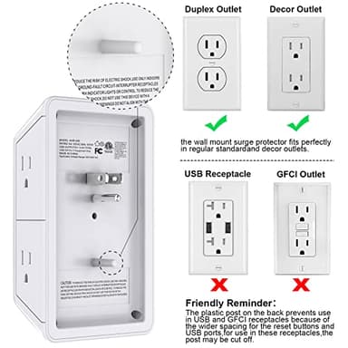 POWRUI Multi Plug 6 Outlet Surge Protector Extender with 3 USB Ports (1 USB C) and Night Light, 3-Sided Power Strip with Adapter Spaced Outlets, ETL Listed, White - Image 6