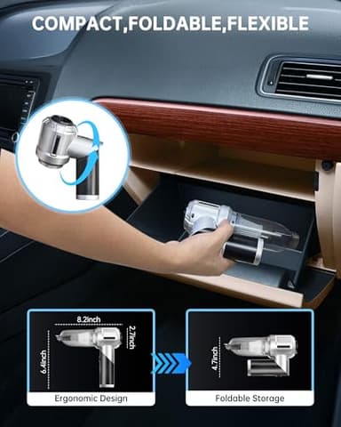 Car Vacuum Portable Cordless, 17000PA Foldable Car Cleaner High Power, 4 in 1 Mini Handheld Vacuum with Air Duster, Type-C Charge, Metal Steel Filter, Portable for Auto/RV/Home Detail Cleaning - Image 5