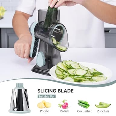 REDPANT Cheese Grater Hand Crank, Manual Cheese Shredder with 3 Interchangeable Blades, Rotary Cheese Grater with Strong Suction Base, Easy to Use and Clean, GreyBlue - Image 3