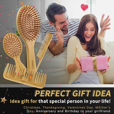 MRD Hair Brush Set, Natural Bamboo Comb Paddle Detangling Hairbrush, Wide-tooth and tail comb No Bristle, suit for Women Men and Kids Thick/Thin/Curly/Dry Hair Gift kit - Image 7