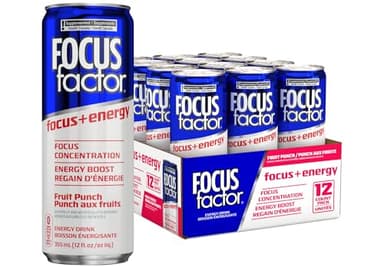 Focus Factor Energy Drink - 12 x 355ml Cans (Fruit Punch Flavour) - with Focus + Energy - Lightly Carbonated, Sugar Free, Low Calorie with Vitamin B6 & Vitamin B12 - Image 1
