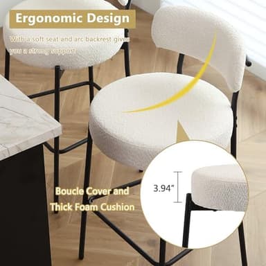 DYHOME Bar Stools Set of 3, White 28" Counter Height Bar Stools with Curved Back, Boucle Barstools with Metal Leg, Mid-Century Modern Bar Chairs for Kitchen Island, Dining Room - Image 4