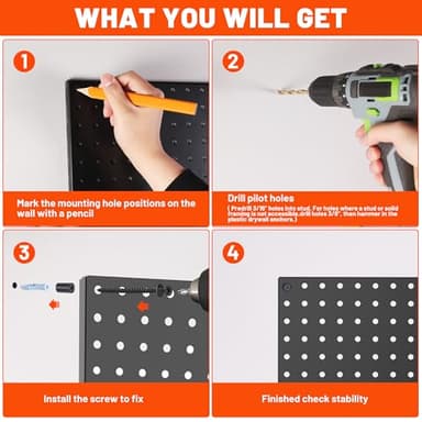 ValueMax 6 Pack Metal Pegboard Panels, 12”x 12” Heavy Duty Metal Pegboard Wall Organizer for Home, Garage, Workbench, Kitchen, Craft Room Tool Storage, Black Modular Peg Board Organizer Board - Image 6