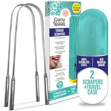 GuruNanda Tongue Scraper for Adults (2 Pack) with Travel Case, 420 Medical-grade 100% Stainless Steel Tongue Cleaner, Aids in Fresh Breath & Oral Care - Image 1