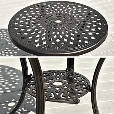 DWVO 30 Inches Round Patio Dining Table with Umbrella Hole, Antique Cast Aluminum Outdoor Bistro Table Outdoor Side Table for Backyard, Garden, Patio, Porch, Hammered Bronze - Image 7