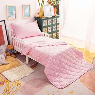 NTBAY Toddler Bedding Set - 4 Piece Soft and Breathable Crib Bedding Set for Boys and Girls, Includes Quilted Comforter, Fitted Sheet, Flat Top Sheet and Envelope Pillowcase, Pink - Image 7