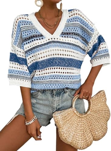 Acelitt Womens Spring Summer Short Sleeve Crochet Sweater 2025 Fashion Trendy Hollow Out V Neck Striped Knitted Tops Beach Vacation Cruise Outfits Resort Wear Blue XX-Large - Image 1