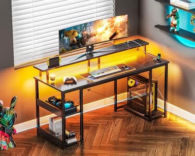 ODK 55 inch Computer Desk with Power Outlets & LED Lights, Gaming Desk with Monitor Stand & Storage Sheves, Home Office Desk, Carbon Fiber Black - Image 2