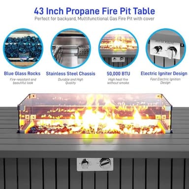SereneLife Outdoor Propane Fire Pit Table - CSA/ETL Certified 50,000 BTU Pulse Ignition Weatherproof Rectangle Propane Gas Fire Table w/Adjustable Flame - Glass Rocks Wind Guard, Black SLFPSX55 - Image 4
