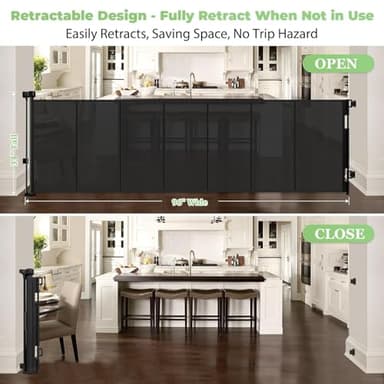96 Inch Wide Reinforced Retractable Baby Gate with Support Rods, Extra Long Dog Gate Retractable Gate Outdoor Gates for Decks, Prevent Crawling Under Extra Long Baby Gates for Large Openings, Black - Image 3