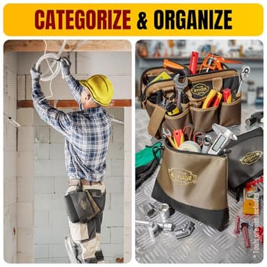 The Ryker Bag Canvas Zipper Tool Pouch (2-Set): Small Utility Tool Pouch Bag w/Hard Bottom. Small Waterproof Tool Bag Organizer w/carabiners, Khaki + Gray - Image 4