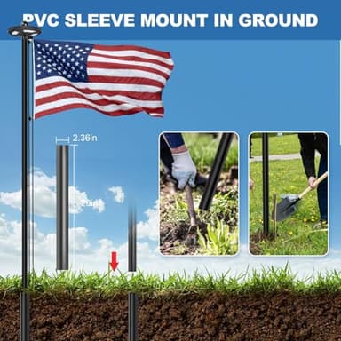 25FT Black Flag Pole Kit with Solar Light in Ground, 12 Gauge Extra Thick Aluminum Flagpole with 3x5 TearProof Embroidered American Flag and 126 LED Light,10 Hour Dusk to Dawn US Flag Set for Outdoor - Image 7